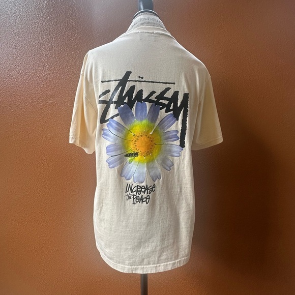 Stüssy Cream “Increase The Peace” Flower Short Sleeve Tee Size Medium EUC! - Picture 3 of 8